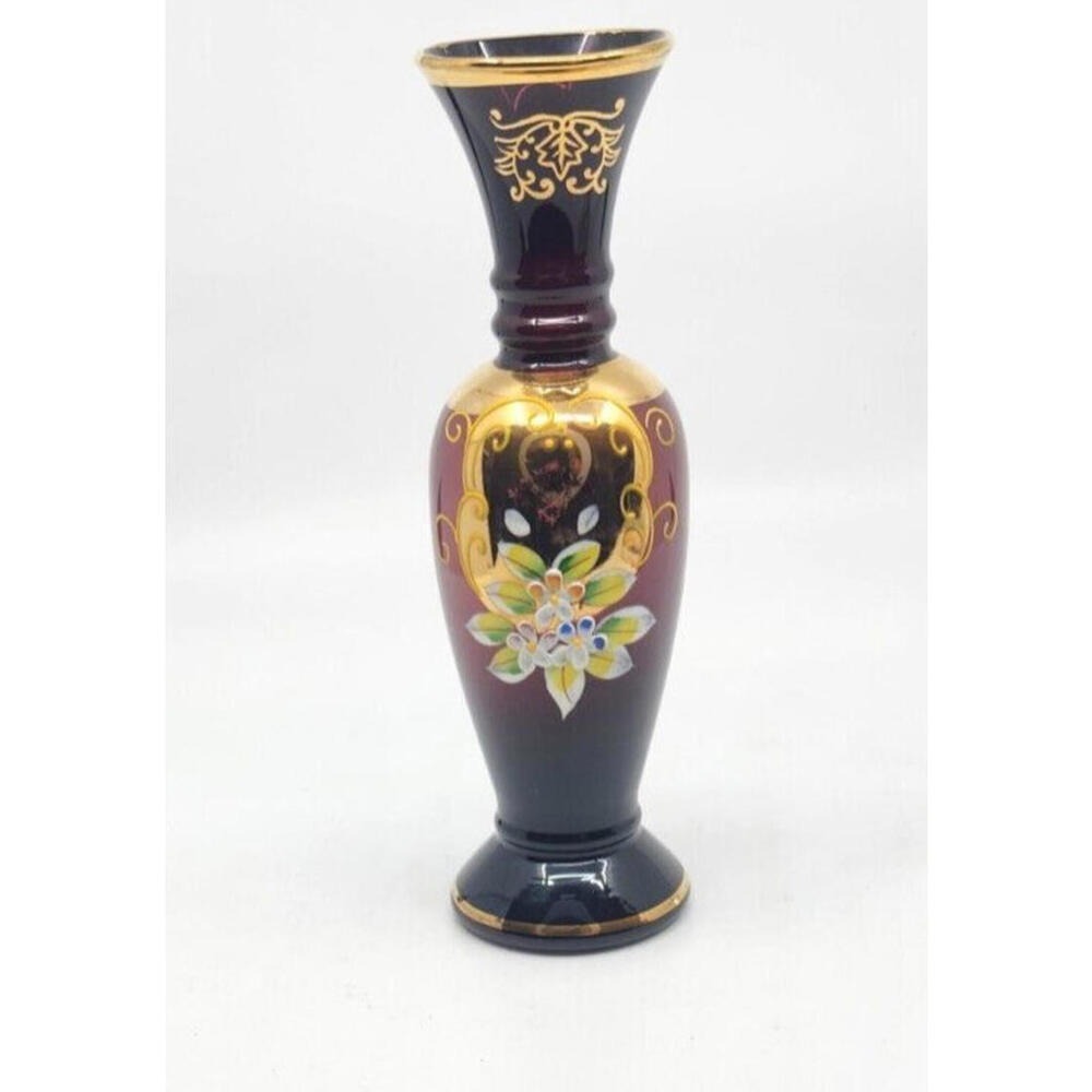 Vintage Italian amethyst glass bud vase 8" Tall Enamel Forget me not flowers